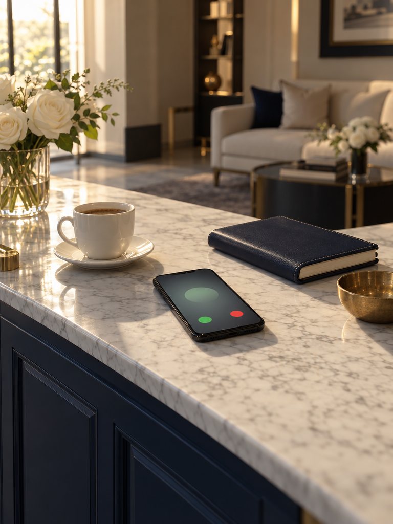 A smartphone showing an incoming call on a marble reception counter, beside a coffee cup and a navy appointment book in warm afternoon light